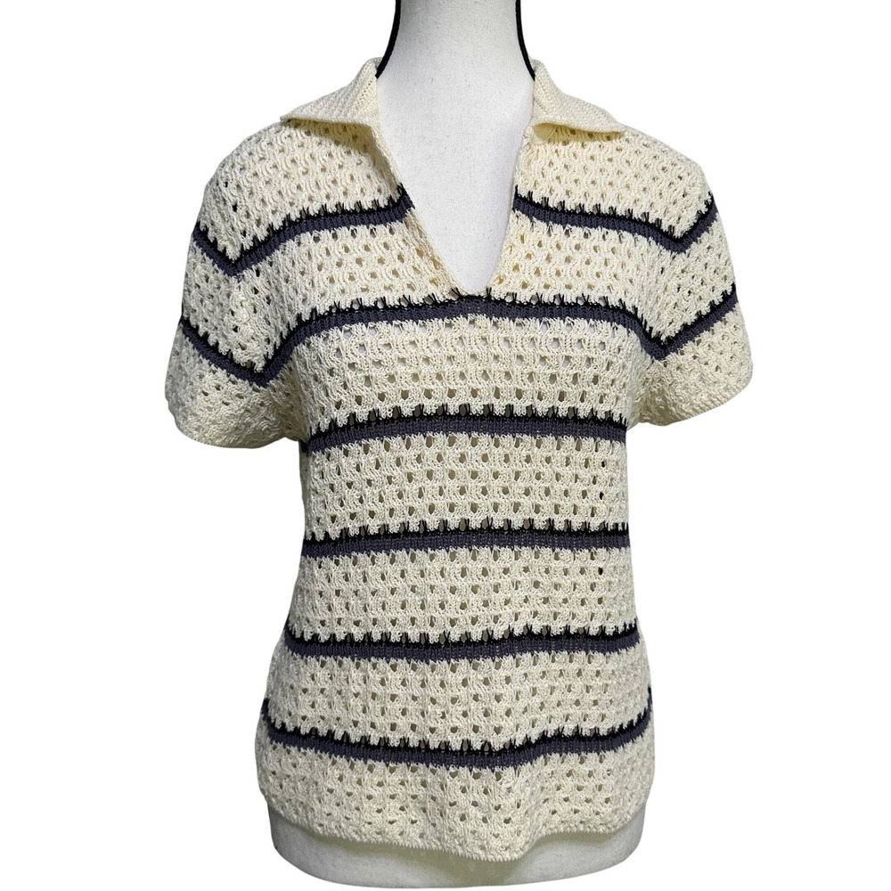 Vince Crochet Striped Polo Sweater M Open Knit Macrame Coastal Nautical Preppy